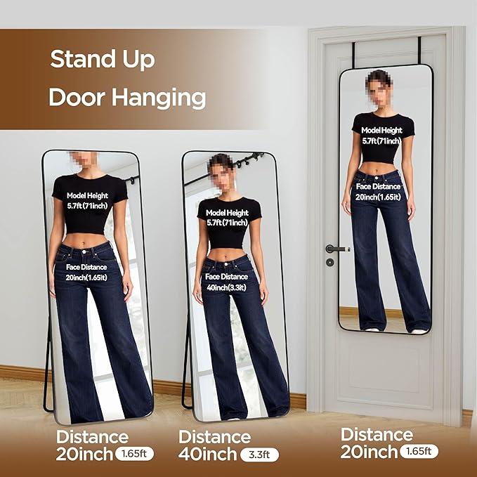 NARCISSUS 57x20 Mirror Door Hanging Full Length Body with Floor Stand or Wall Mounted Metal Aluminum Frame Tempered Glass Rectangle Mirrors for Bedroom Dressing Living Room Bathroom 57 inch Black