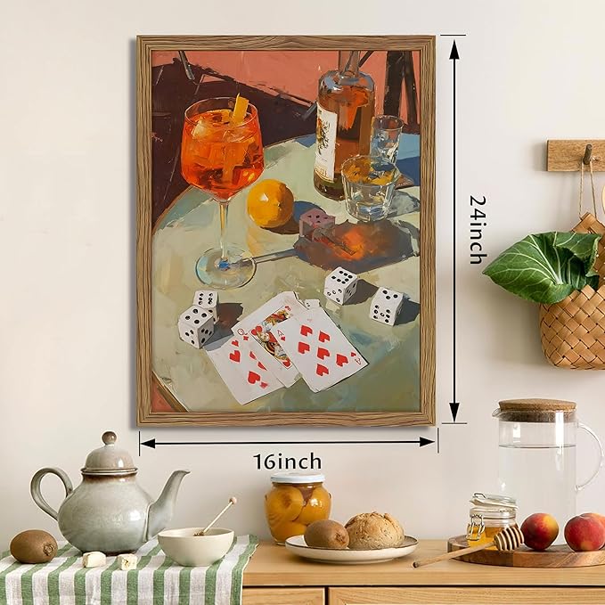 Framed Cocktail Bar Wall Art, Vintage Dice And Poker Canvas Wall Decor Painting, Whiskey Liquor Bar Still Life Artwork Poster Print Picture for Men Game Room Kitchen Dining Room Home Decor 16x24 Inch