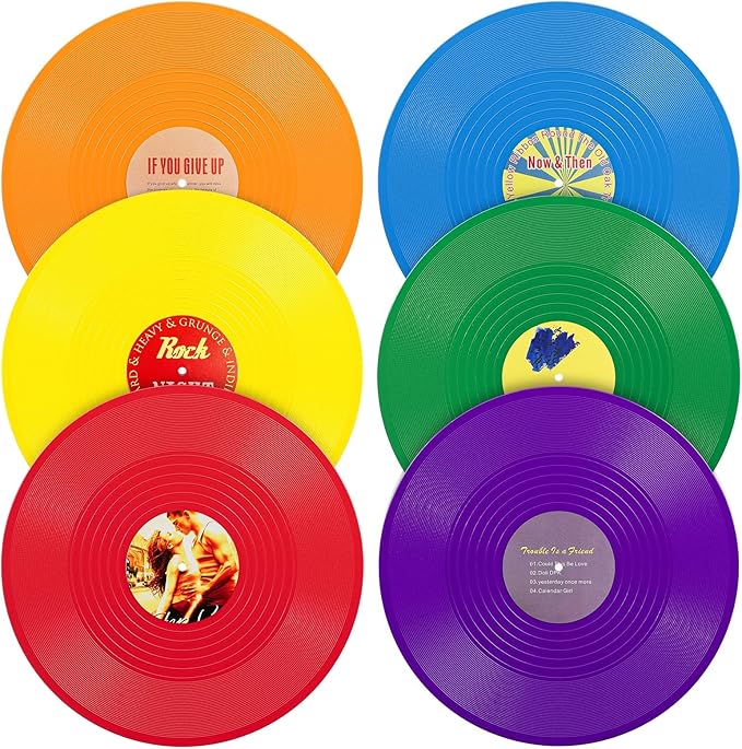 Facmogu 6 Pack Blank Vinyl Records, 12 Inch Fake Vintage Record for Wall Aesthetic, PVC Blank Record for Rock & Roll Music Party Wedding Decoration, Retro Vinyl Records for Studio Room Decor (6 Color)