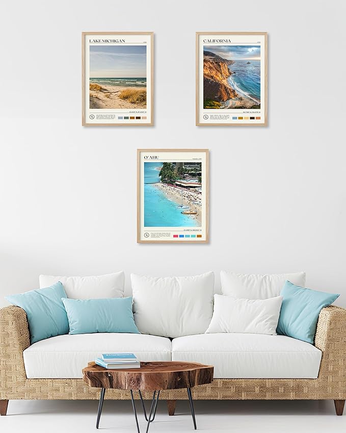 HesenDot Natural OAK Wood Oahu Hawaii Framed Wall Art,12x16in Tropical Beach Canvas Wall Print, Modern Coastal Ocean Wall Decor for Living Room Bedroom Office Gallery, Set of 1