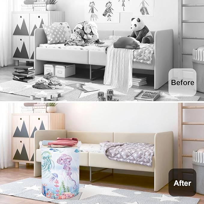 Ocean Animals Baby Laundry Hamper Collapsible Clothes Kids Storage Basket Large Boys Girls Gift Toy Box Bin for Nursery Room, Colorful Jellyfish, 63L