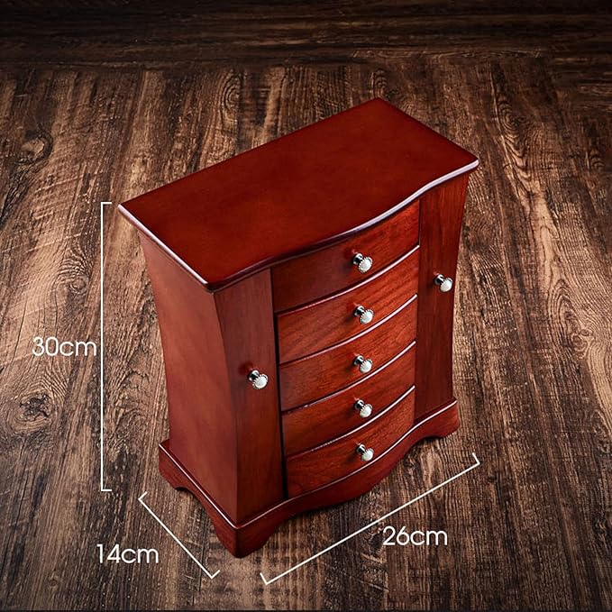 Makeup Organizers Wooden Jewelry Box for Women Solid Wood Jewelry Box with Tower Style 4 Drawers Organizer and 2 Separated Open Doors on 2 Sides and Large Mirror Jewelry Case