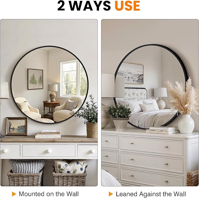 Round Bathroom Mirror for Wall, 2 Pack 26 inch Circle Bathroom Mirrors for Over Sink, Modern Circular Metal Frame for Vanity, Entryway, Bedroom, Living Room(Black)