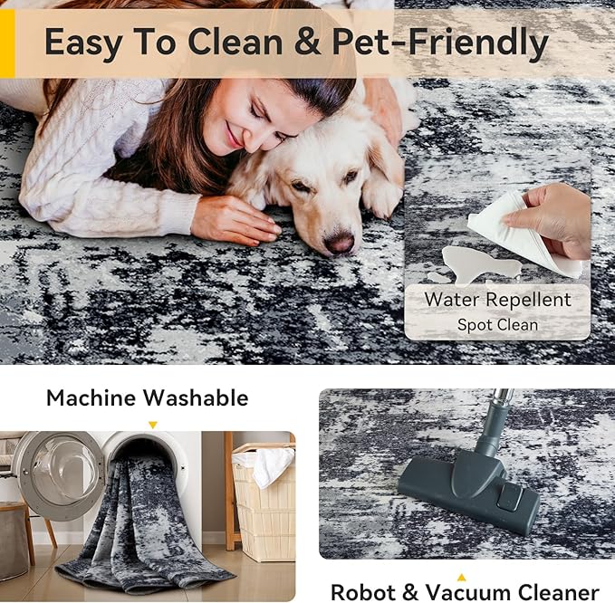RELEANY Washable Area Rugs 4'x6' Non-Slip Modern Abstract Soft for Living Room Entryway Bedroom Nursery, Print Pattern, Black Navy Blue Gray