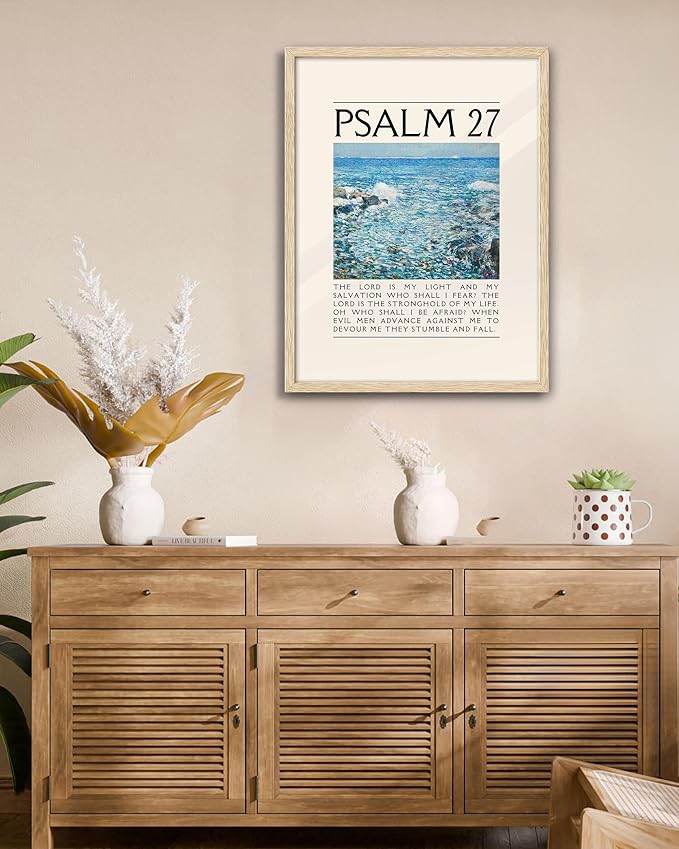 EcoHest Large 16x20in OAK Wood Framed Wall Art, Psalm 27 Bible Verse Christian Canvas Wall Decor, Modern Jesus Wall Prints for Bedroom, Living Room, Bathroom, Religious Gift, 1 Pack