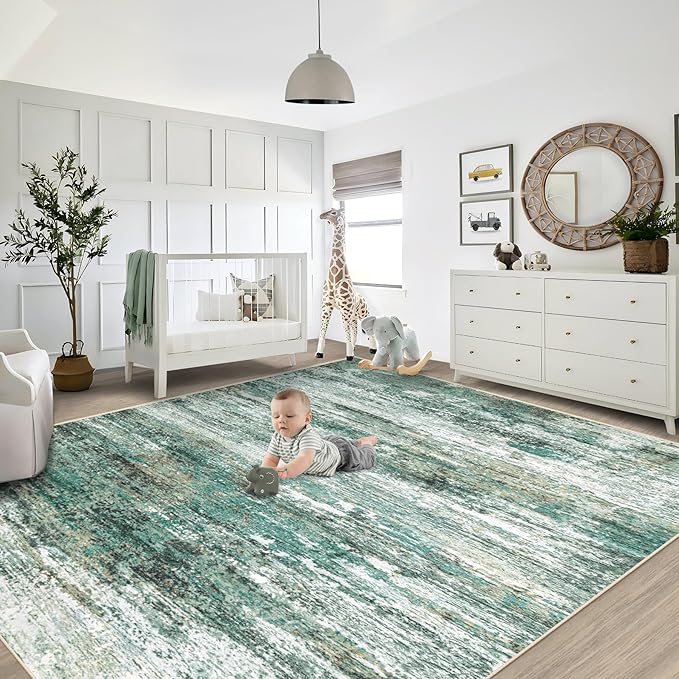 XLUEZ 9x12 Area Rug for Living Room, Washable Modern Abstract Large Area Rug Neutral Soft Non Slip Kids Rug Stain Resistant Indoor Carpet for Bedroom Dining Room Playroom Office(Green, 9'x12')