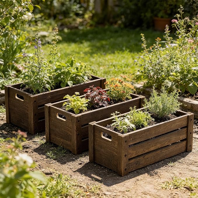 Wooden Crates for Display, 3 Pack Large Rustic Handmade Wood Crate for Storage, Wooden Basket with Handles, Nesting Crates Boxes for Container and Decor Living Room Outdoor Christmas (Large)