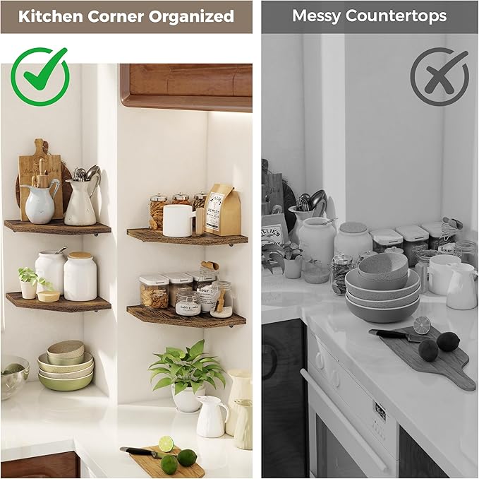 Corner Shelves 4-Pack for Bathroom & Kitchen, Space-Saving Floating Corner Wall Shelf with Easy Installation- Brown