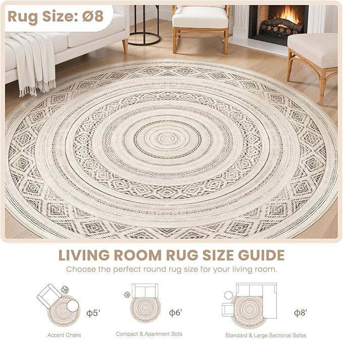 cotiled 8x8 Round Area Rug Living Room: Washable Boho Rugs with Non Slip Backing Large Soft Indoor Stain Resistant Carpet for Bedroom Farmhouse Dining Room Lightweight Home Decor Dark Brown