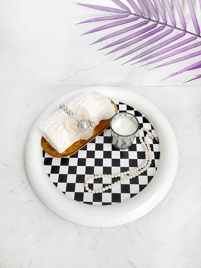 Ciandid Checkered Decorative Tray, Checkerboard Jewelry Tray Dresser Tray for Makeup Perfume Organizer, Aromatherapy Reed Diffuser Tray Vanity Tray for Bathroom(White)