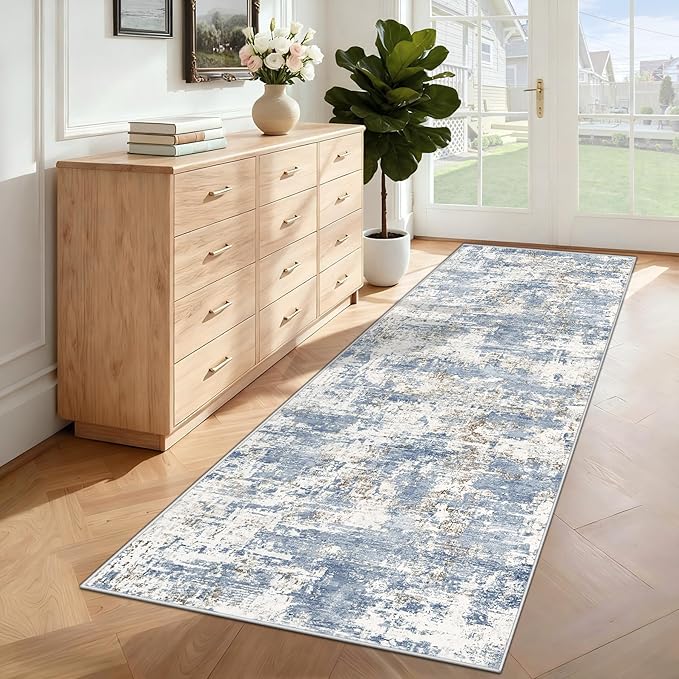 XLUEZ 2x7 Runner Rug for Hallway, Washable Modern Abstract Runner Rugs Neutral Soft Non Slip Kids Rug Stain Resistant Indoor Runners for Hallways Entryway Bedroom Kitchen Laundry Room(Blue, 2'x7')
