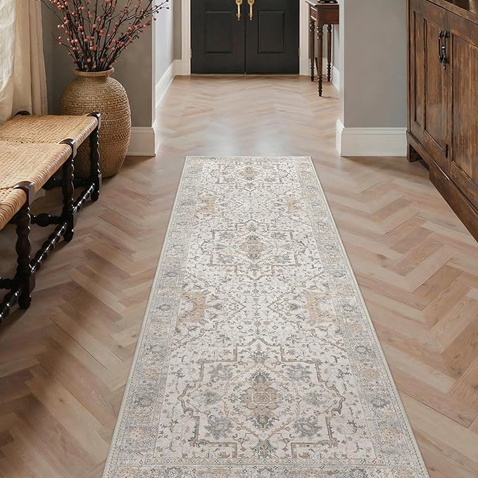 GENIMO Runner Rug 2'x5' Machine Washable Non Slip Vintage Hallway Runner Rug, Low Pile Lightweight Rugs for Indoor Entryway, Hallway, Kitchen and Corridor, Gray Brown