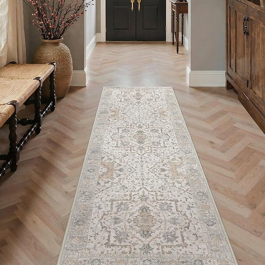 GENIMO Runner Rug 2'x5' Machine Washable Non Slip Vintage Hallway Runner Rug, Low Pile Lightweight Rugs for Indoor Entryway, Hallway, Kitchen and Corridor, Gray Brown
