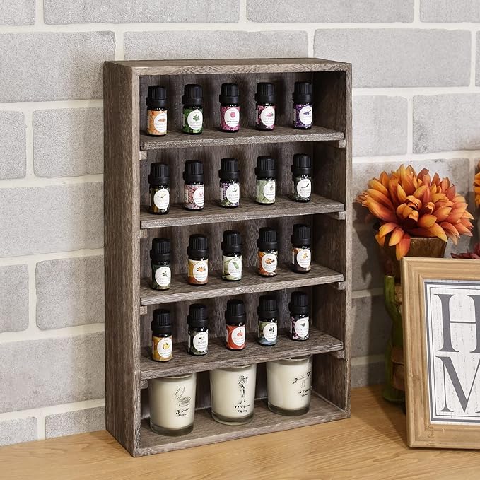 Ikee Design Wooden Wall-Mounted Display Shelves Rack for Collectibles-Figures,Shot Glasses,Spice Can,Cosmetics or Perfume-5 Adjustable Height Shelves,Space-Saving,Coffee Color