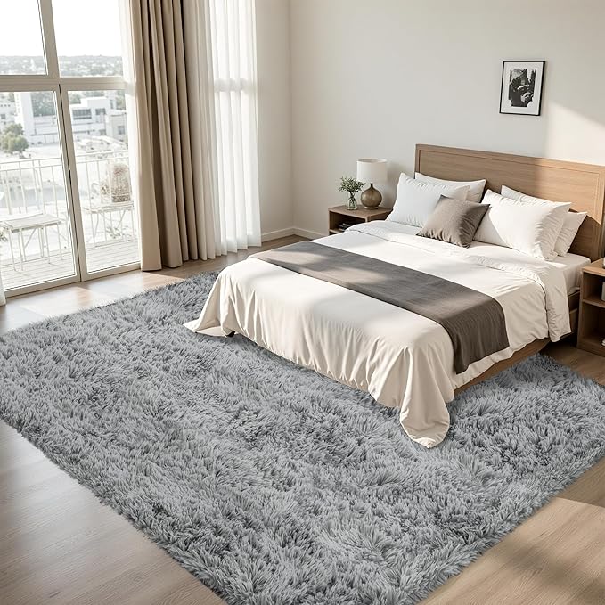 6x9 Area Rug for Living Room:Ultra Soft Fluffy Shag Light Grey Rugs,Large Fuzzy Plush Indoor Non Slip Carpet Washable Rug for Bedroom Kids Nursery Office Dorm Modern Decor(Light Grey 6'x9')