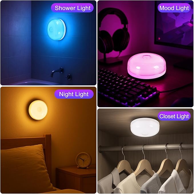 4-Pack Rechargeable Shower Light No Wiring, 15 RGBW Color Changeable Waterproof Lights for Shower with Remote(Dimmable＆Timer), LED Light for Inside Shower, Wireless Mood Lighting for Bathroom, White