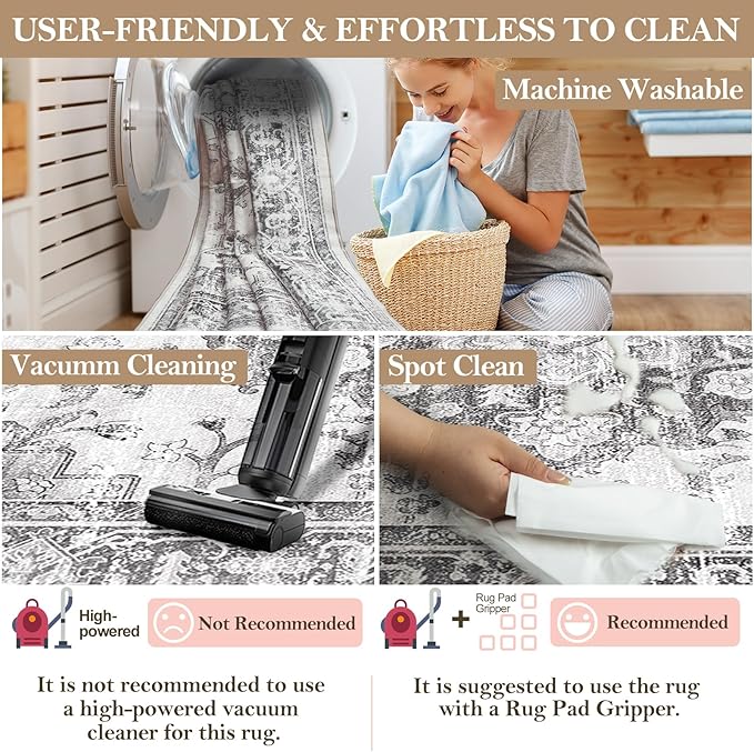 CAPALOCA Machine Washable Rugs Nursery Rug 8x10 Area Rugs Girl Non Slip Low Pile Water Repellent Soft Print Pattern for Bedroom Indoor Decor Kids Playroom Blackgray