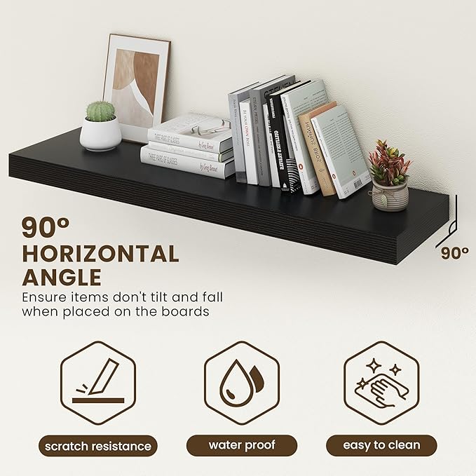 FLYJOE 48 Inch Floating Shelves | 12 Inch Deep Black Floating Shelves Set of 2 | 48" W x 12" D Black Wood Wall Shelves for Bathroom Living Room Kitchen Laundry Room