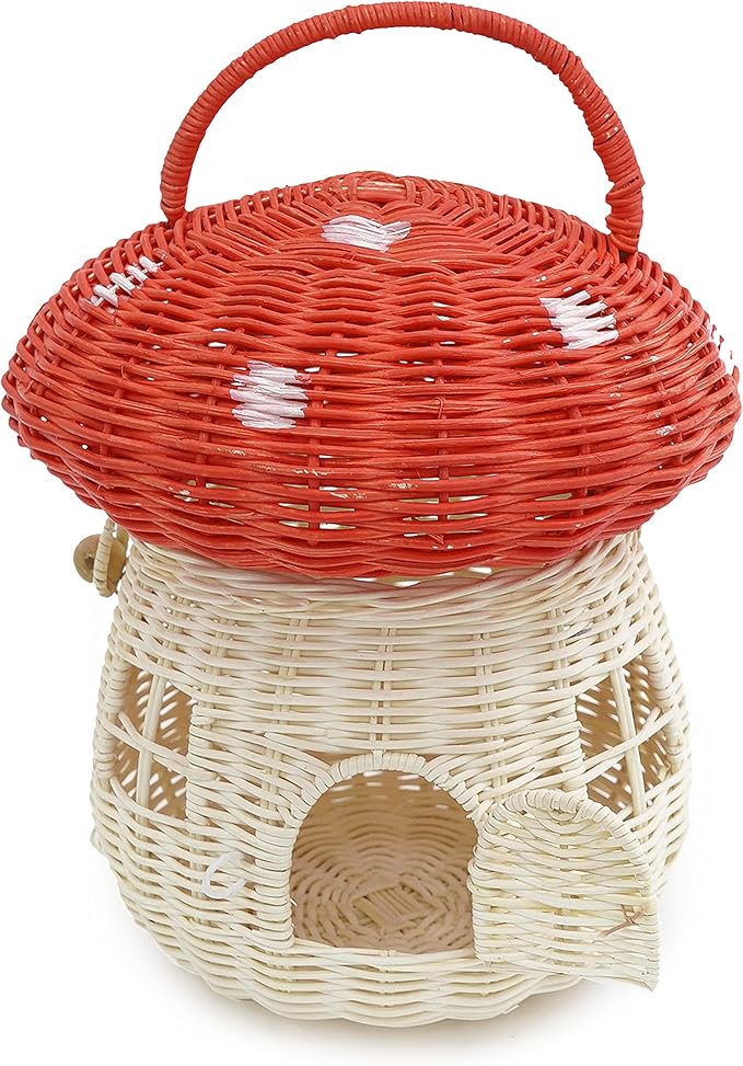 KOLWOVEN Mushroom Basket- Mushroom Home Decor Box With lid Shelves- Rattan Mushroom Newborn Photography Props in Tent, Kitchen - Bag for Kid - Wicker Basket Purse (Red Color)