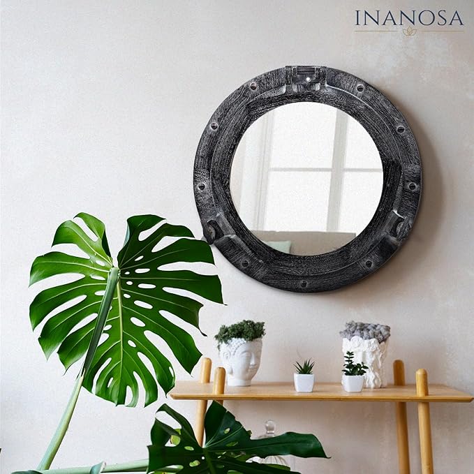 8 Inch Bathroom Wall Decor Ship Porthole Mirror with Antique Gray Finish – Vintage Round Wall Mounted Mirror for Bathroom Vanity, Nautical Pirate Coastal Vintage Home Décor