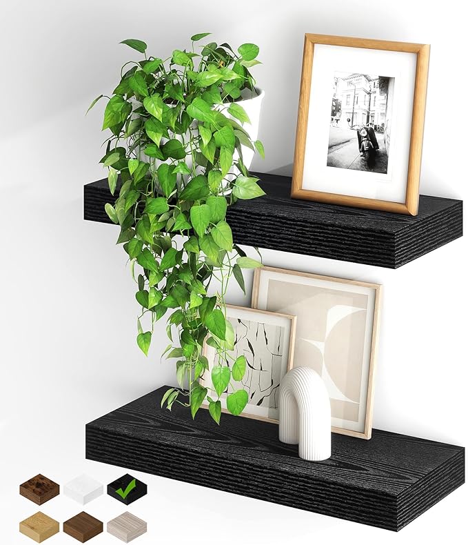 Fun Memories Floating Shelves for Wall, 20Inch Floating Shelves Set of 2, Hanging Shelf with Invisible Brackets, Wood Shelves for Living Room, Bedroom, Kitchen, Black