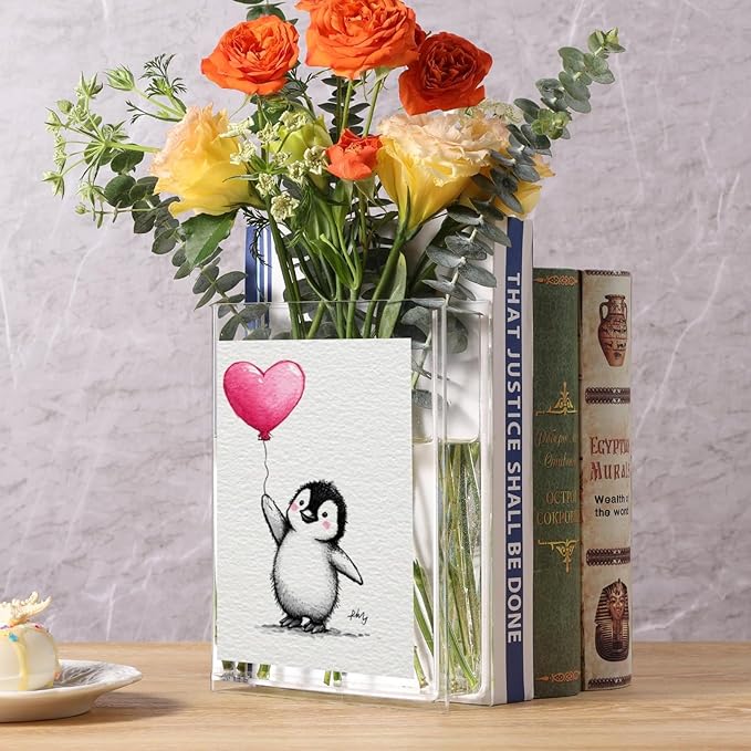 Book Shaped Vase for Flowers,Adorable Penguin with Pink Clear Bookend Vase Aesthetic Room Decor for Modern Home/Office, Minimalist Shelf Organizer with Floral Display for Book Lovers