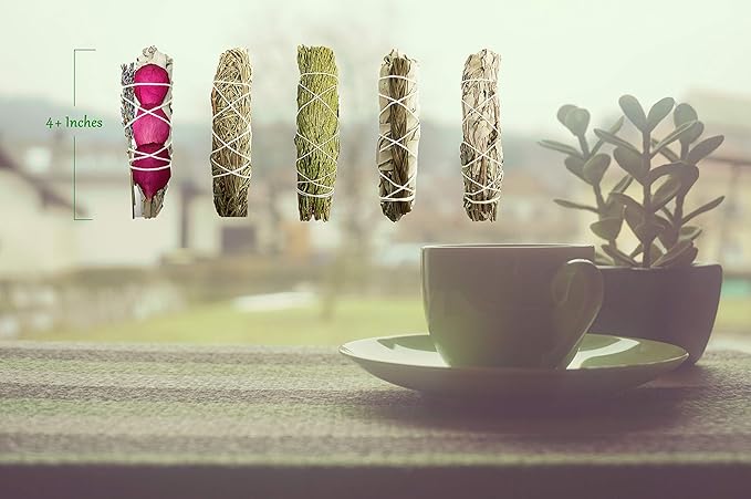 Smudge Sticks Sampler - 1 White Sage with Rose and Lavender, 1 Rosemary, 1 Cedar, 1 Sweetgrass White Sage and 1 Black Sage