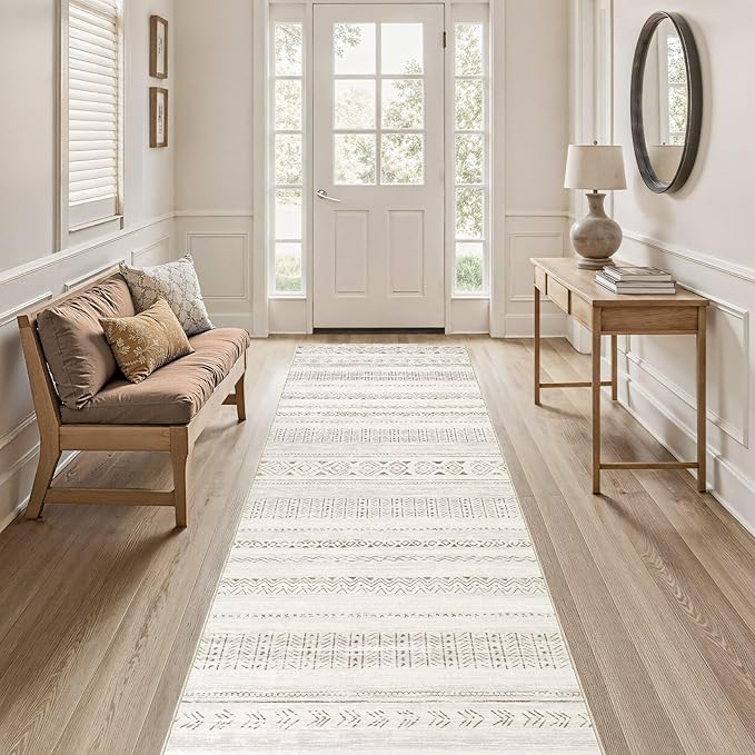 cotiled Hallway 3x12 Runner Rugs: Washable Boho Rugs with Non Slip Backing Large Soft Indoor Stain Resistant Carpet for Living Room Bedroom Farmhouse Dining Room Lightweight Home Decor L Brown/Cream