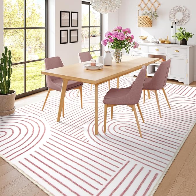 Lahome Abstract 6x9 Area Rugs, Soft Washable Rugs for Living Room Ultra-Thin Non Slip Dining Room Rug, Pink Rug Throw Large Carpet for Bedroom Office Darrell (6'x9',Pink/White)