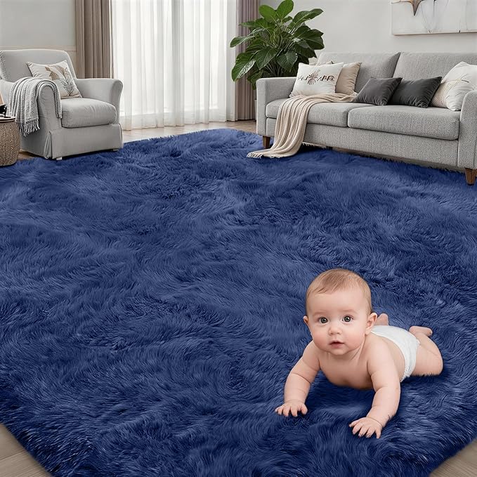 6x9 Area Rugs for Living Room Bedroom: Ultra Soft Fluffy Shag Rug Upgrade Non-Slip Non-Shedding Large Fuzzy Plush Carpet Indoor Floor Carpets for Kids Room Playroom Nursery Dorms Home Decor Blue