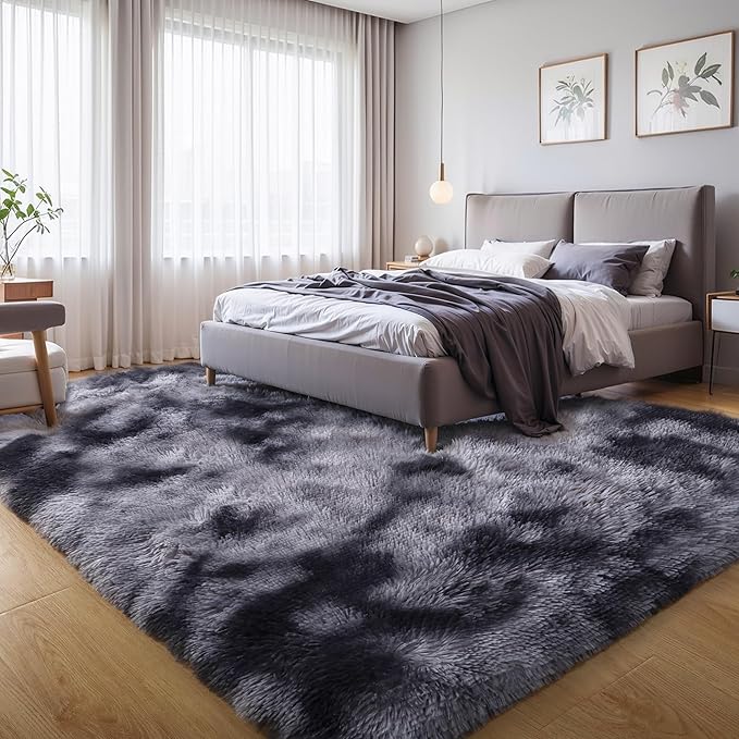 KICHOWUA Thick Area Rug Dark Grey Fluffy Shag 6x9 for Bedroom Living Room Ultra Soft Plush Fuzzy Washable Thickened Non-Slip Carpet, Comfy Shaggy Furry Rug for Kids Baby Nursery Dorm, Tie-Dye Gray