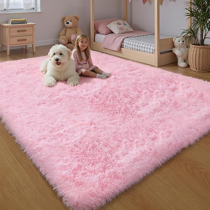 Pink Fluffy 8x10 Large Area Rugs for Bedroom Living Room Girls, Soft Washable Fuzzy Furry Shag Rug for Kids Room, Nursery, Dorm Decor, Cute Plush Carpet for Baby Toddler