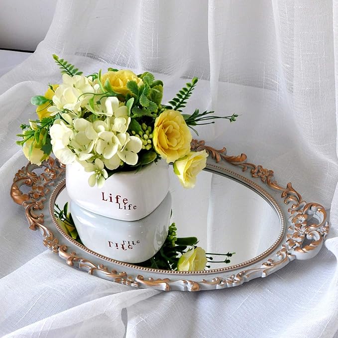 Oval Decorative Mirror Tray, French Style Flower Frame, Makeup Organizer, Jewelry Organizer, Serving Tray, 9.8"x 14.6", Golden Grey