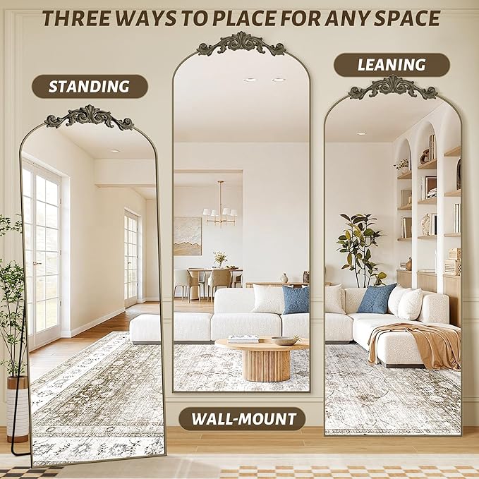 Vintage Full Length Mirror,76"x34" Arched Antique Floor Mirror with Carved Metal Frame,Large Standing Wall Mounted or Leaning Mirror for Bedroom Living Room Entryway,Bronze