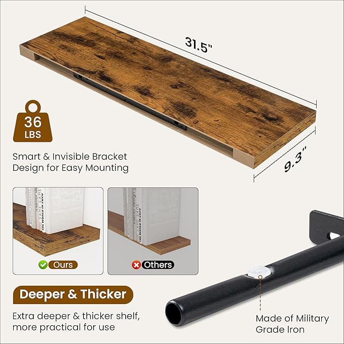 Fun Memories 9.3Inch Deep Floating Shelves for Wall, 32 Inch Rustic Wood Wall Mounted Shelves for Bathroom, Bedroom, Kitchen, Deep Floating Shelf for Storage & Home Decor (Brown, Set of 2)