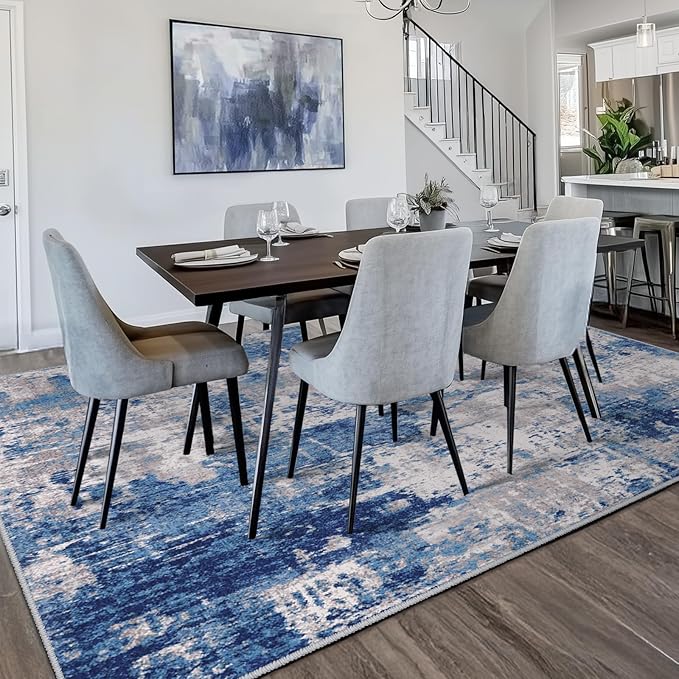 RELEANY Washable Area Rugs 6'x8' Non-Slip Modern Abstract Soft for Living Room Entryway Bedroom Nursery, Print Pattern, Blue Grey Navy Gray