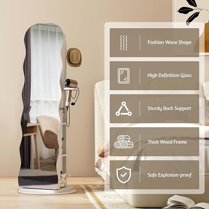 Vlsrka 360° Swivel Jewelry Aromire with Wavy Mirror, Lockable Jewelry Organizer Mirror Full Length, Rotatable Standing Mirror with Storage, Jewelry Cabinet, Interior Mirror, Flodable Shef (White)