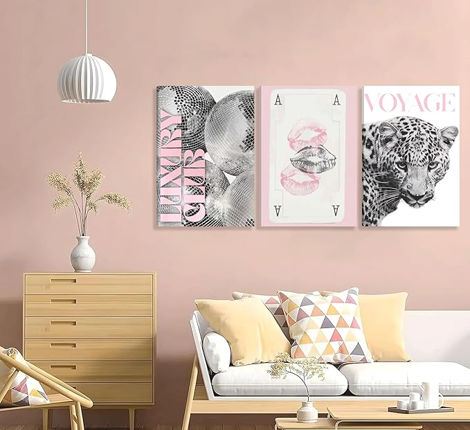 3pcs Pink Fashion Leopard Canvas Wall Art,Black and White Cheetah Pattern Printing Poster pictures,Funny Playing Card Lip Disco Ball wall decor for Girls' Room Living Room Bedroom 24x16in Framed
