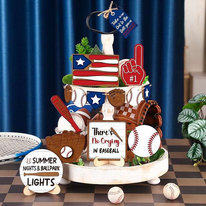 FairySandy 13 Pcs Baseball Tiered Tray Decor Wooden Baseball Table Centerpieces Decor Rustic Wooden Sport Game Sign for Fans Theme Party Supplies