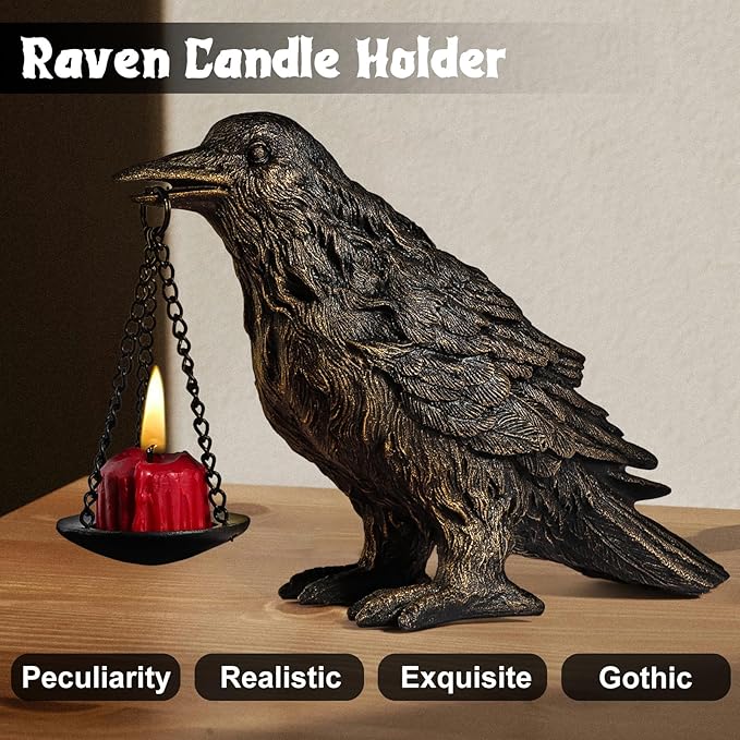 Gothic Crow Lamp with Tealight Candle Holder Resin Raven Decor Statue Gothic Home Decor for Bedroom Unique Goth Gifts Half Gold 2P