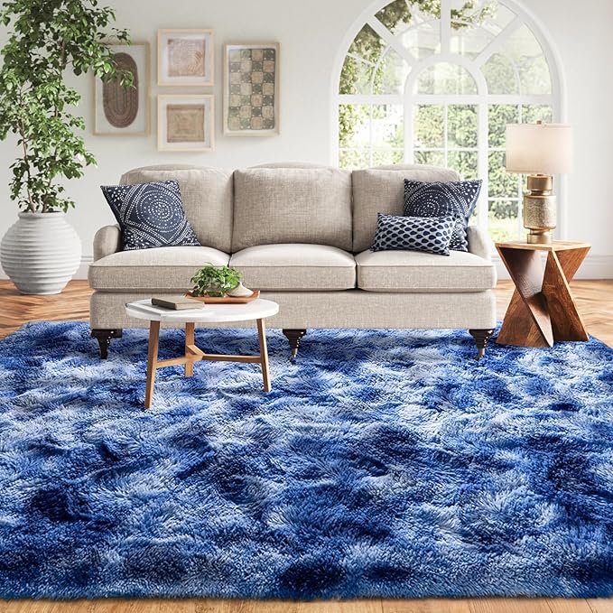 8x10 ft Fuzzy Rug for Living Room Soft Fluffy Blue White Bedroom Area Rugs Non-Slip Shaggy Carpet for Nursery Kids PlayRoom Dorm Office Indoor Modern Plush Carpets