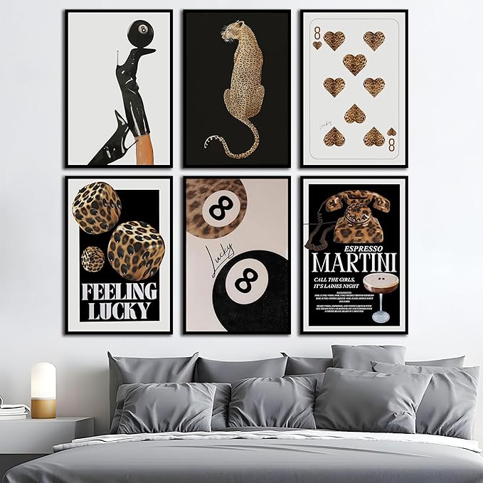 ZxXzkwpP Black Cheetah Print Room Decor Poster, Trendy Red Fashion Leopard Print Wall Art Aesthetic Lucky 8 Ball Poster Coquette Preppy Y2k Red Funky Art For Bedroom (Black 12x18x6 Unframed)