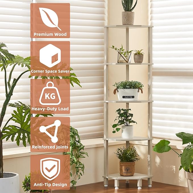 YUFAM 5-Tier Corner Shelf with Sturdy 5-Leg Base, 52in Tall Narrow Bookcase for Small Spaces, Wooden Plant Display Shelf, Thin Bookshelf for Living Room, Bedroom, Office, Grey White