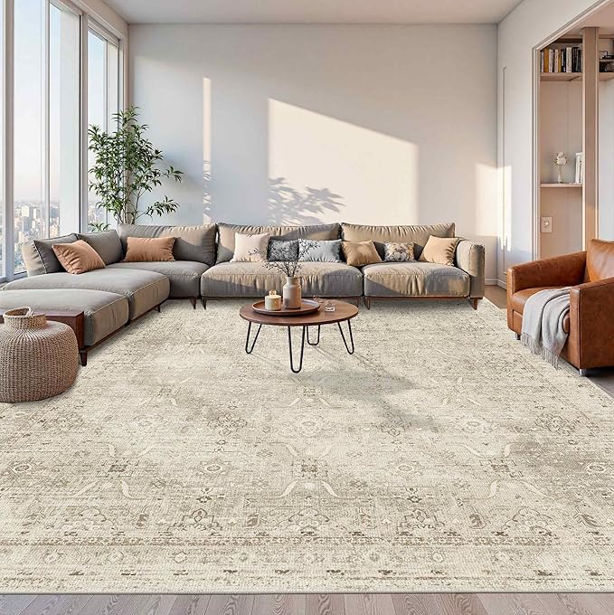 Rugxara 10x14 Area Rugs for Living Room Bedroom, Large Washable Rug, Beige Vintage Floral Boho Rug, Non Slip & Low Pile Faux Wool Carpet for Indoor Dining Room and Kids Room(Beige 10x14ft)