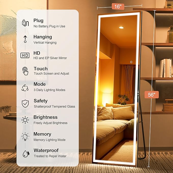 Full Length Mirror with Lights, 56" x 16" LED Lighted Floor Standing Body Mirror, Dimmable & 3 Color Lighting for Bedroom, Cloakroom, Dressing Room, Tempered Glass, Square Black