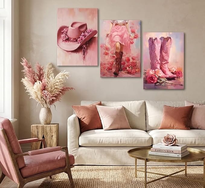 3Pcs Pink Cowgirl Canvas Wall Art Funky Cowgirl Boots Pictures Wall Decor Western Flower Boots Hat Aesthetic Posters Prints Paintings for Preppy Room Bedroom Apartment Decoration Prepare to hang