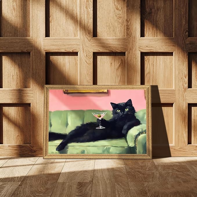 Fantasy Artists Humorous Black Cat Character Wall Art – Relaxed Anthropomorphic Illustration with Playful Attitude, Framed Canvas for Living Room, Office or Creative Space, 20W X 30H