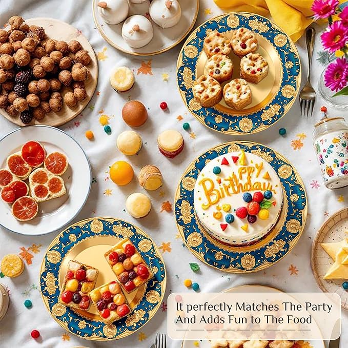 1pcs Golden Serving Tray for Party 4.8" Vintage Round Decorative Plate Tray Jewelry Makeup Organizer Dishes Bathroom Vanity Tray for Gift Wedding Coffee Table Dessert Christmas 20 cm (Blue)