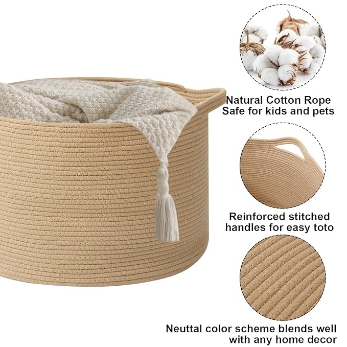 90L Large Blanket Basket, 21.7"x 21.7"x 13.8" Rope Woven Storage Basket with Handles, Laundry Hamper for Toys, Clothes, Pillows & Towels, Perfect for Living Room, Nursery & Bedroom,Camel