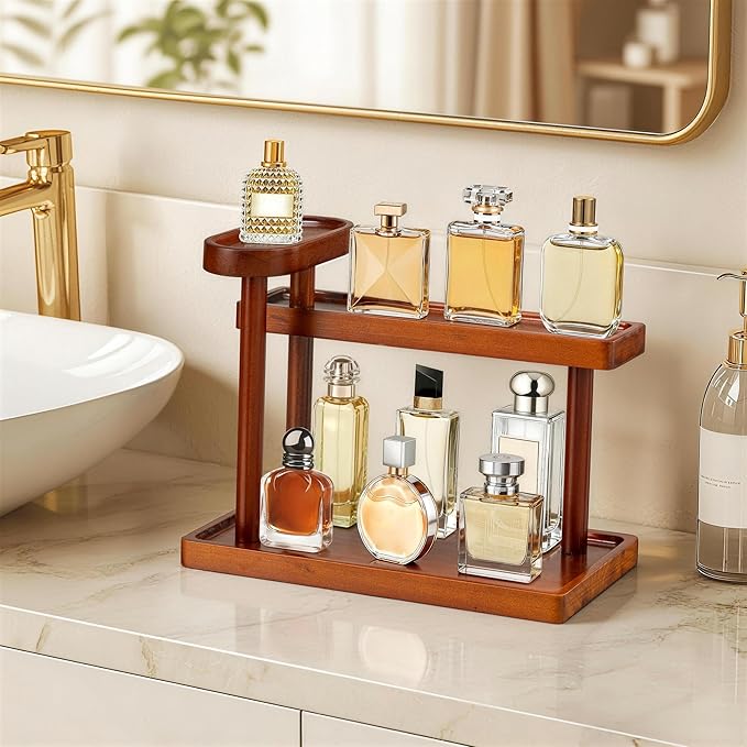 HBlife Cologne Organizer for Men, 12.5 Inch Cologne Stand for Men, Wooden Perfume Rack Display Shelf, 3-Tier Perfume Stand Organizer for Bedroom, Bathroom and Vanity, Ideal for Makeup Storage, Brown
